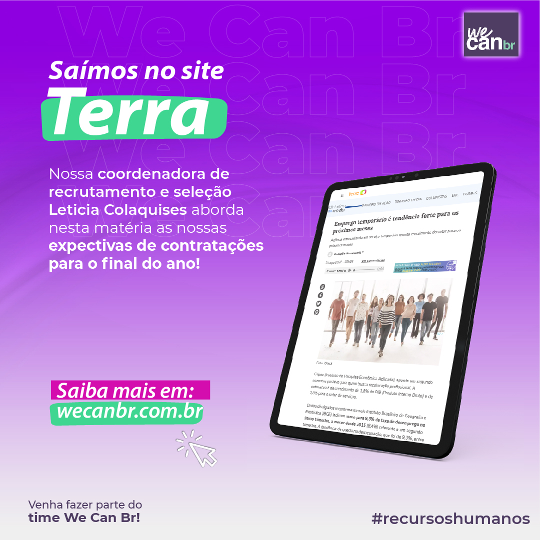  SAÍMOS NO SITE TERRA PARA APRESENTAR NOSSA EXPECTATIVA NA GERAÇÃO DE VAGAS PARA O FINAL DO ANO!